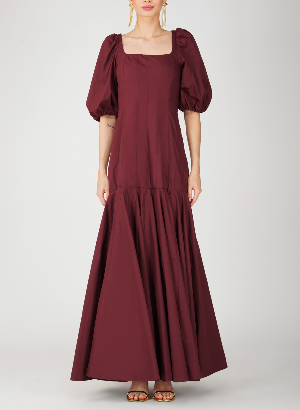 celine red dress Cline Red semi-sheer tulle-panel maxi dress, S / Red